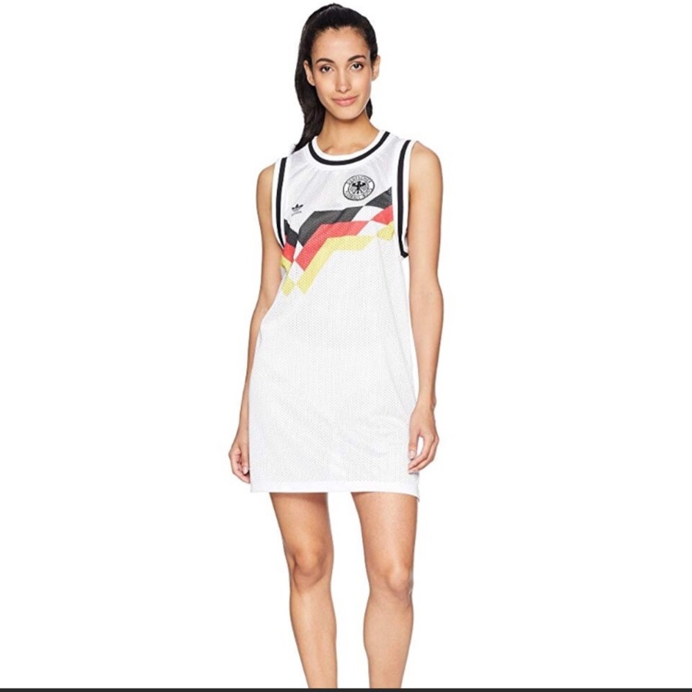 adidas White Sleeveless Mini Dress with Black, Red, Yellow Stripes